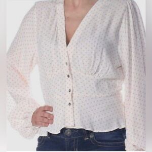 Free People Polka Dot Button Front Blouse – Romantic Boho Top Size Large